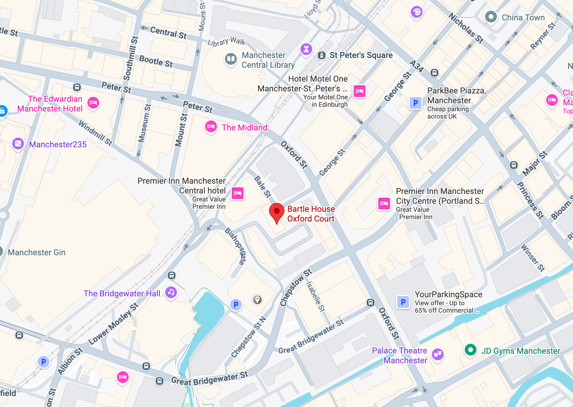 Map showing Bartle House, Oxford Court, Manchester